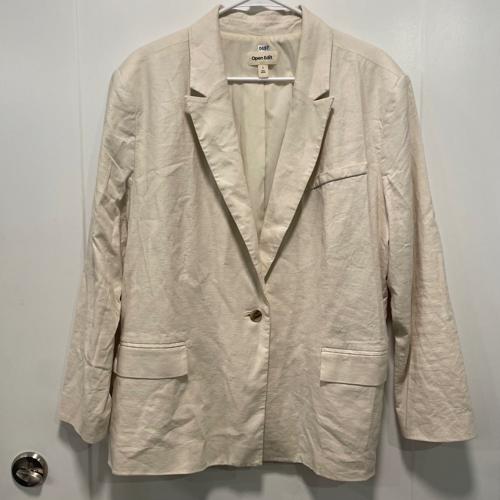 Open Edit Womens Linen Blend Single Button Blazer Jacket Cream Beige Large